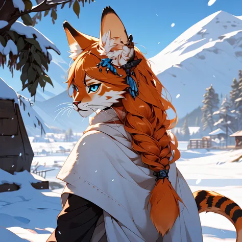 (niji_khajit:1.0), animal hands, tail, (khajiit:1.0), furry,  blue eyes, hair ornament, hairclip, highres, looking back, orange ...