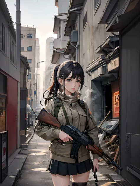 anime girl with a gun in a street with buildings in the background, artwork in the style of guweiz, girls frontline style, guwei...