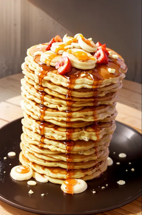 masterpiece, high quality, best quality, pancakes poured with maple syrup, (thin pancakes), foodphoto,