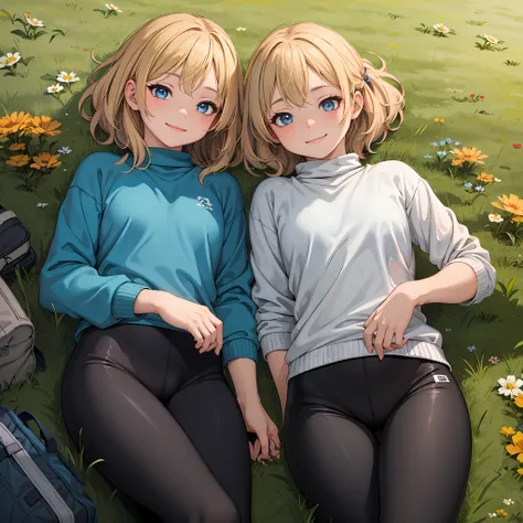 best quality, masterpiece, small breasts, smile, sweatshirt, leggings, outdoors, anime style, grass field, daytime, blue sky, bl...