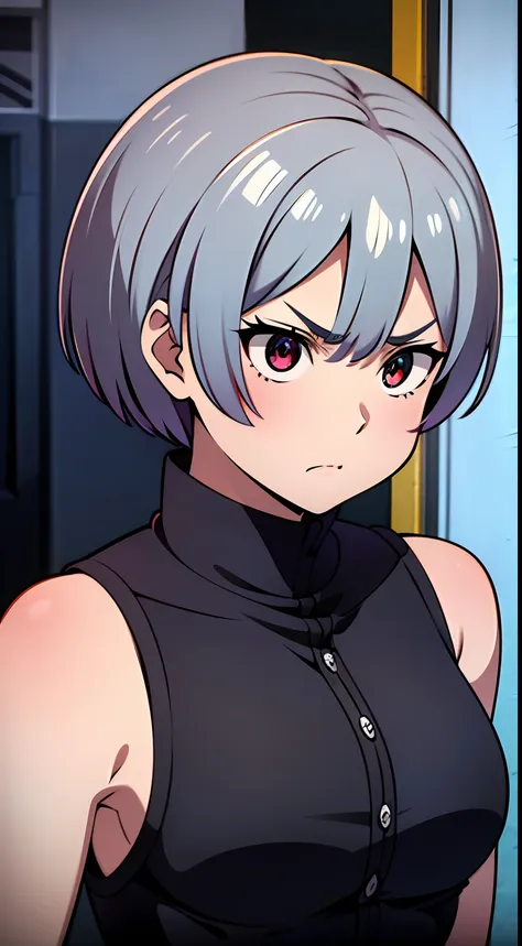 rem rezero, cabello corto, grey hair, ojos rojos, rostro enojado, angry, sleeveless shirt, black shirt, senos grandes, vaqueros ...