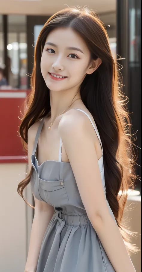 Girl around 18 years old, simple, extremely beautiful and delicate, (light makeup), brown hair, sweet smile, delicate beautiful fair skin, realistic and realistic, delicate and complete facial features, detailed facial portrayal, high nose bridge, red lips...