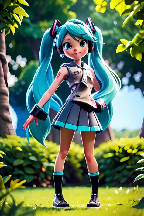 stylized 3d render, hatsune miku, in the park, professional lighting