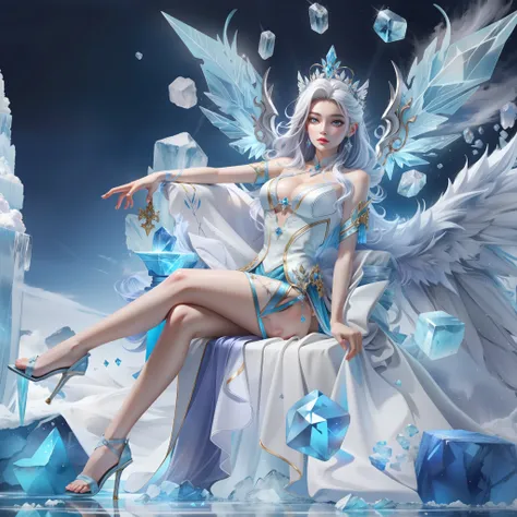 there was a woman sitting on a chair,With wings and ice crystals, trending on cgstation, ice sorceress, devianart and cgsociety, IG model | Art germ, queen of ice, sitting on ice throne, Fanart Meilleure ArtStation, on a throne of crystals, queen of ice an...