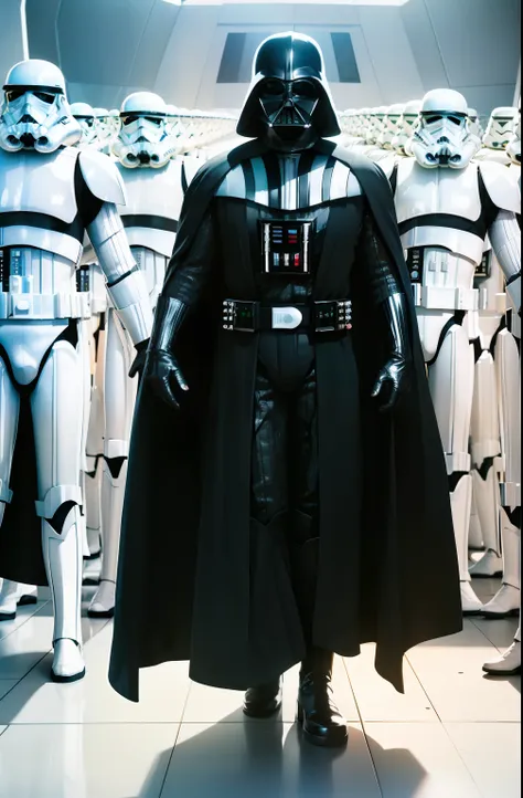 darth vader standing in front of a group of storm troopers in a starship,
black_outfit,hood, hood_up, boots, darth vader helmet,...