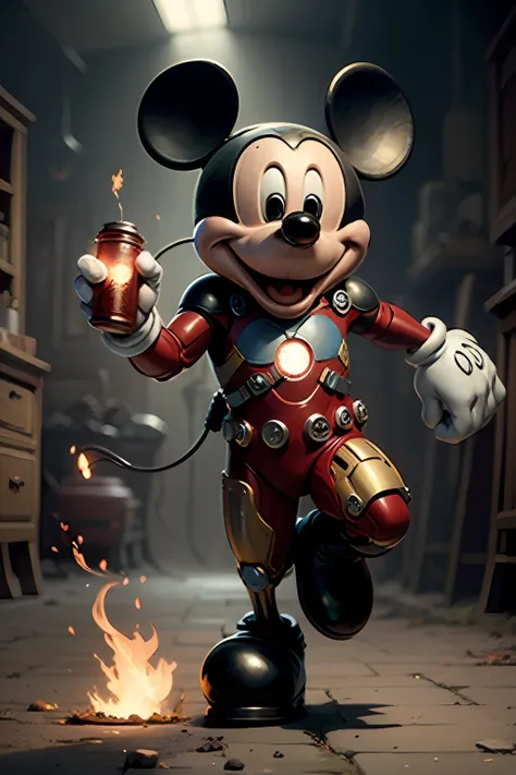 mickey wearing a ironman suite, blue light