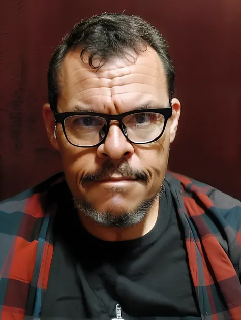 guttonerdvision6, homem de (((eyeglass))), beard and plaid shirt looking at the camera, retrato headshot do personagem, cinemati...