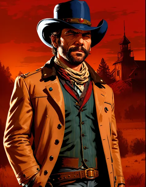 r3dd34dstyle, retrato digital, arthur morgan, with encouragement, cowboy hat, jaqueta marrom, camisa azul, red skies,