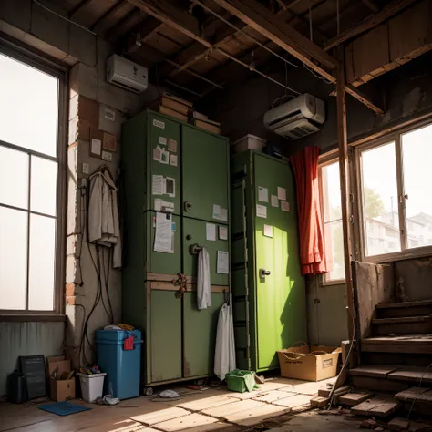 abandoned houses、stacked cardboard、dojunkai apartment surreal and very detailed illustration、image with objects very loaded、dirt...