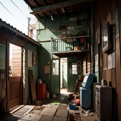 abandoned houses、stacked cardboard、dojunkai apartment surreal and very detailed illustration、image with objects very loaded、dirt...