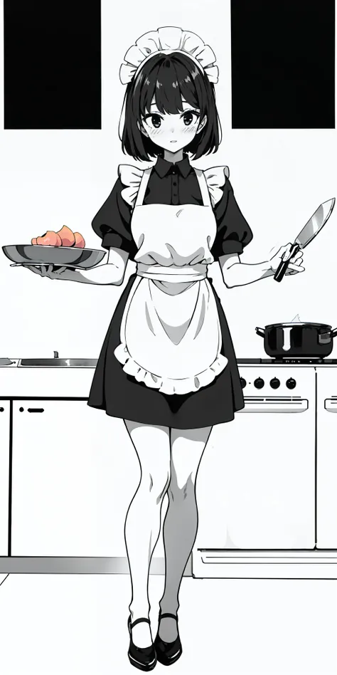 1girl, solo, masterpiece, highest quality, 8k, , kitchen background, naked apron, bare legs, sexy legs, bewitching thighs, blushing slightly, sfw, thick thighs, holding kitchen knife on each hand facing a turkey on plate half cooked, black hair, black eyes...
