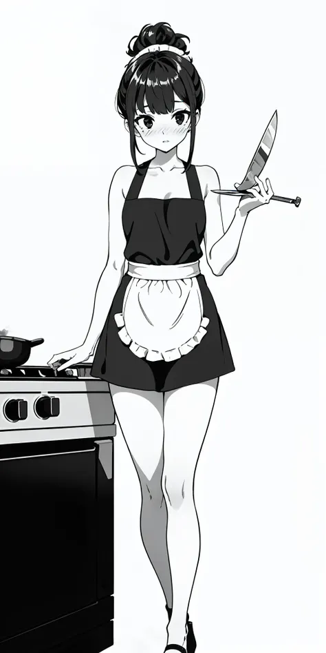1girl, solo, masterpiece, highest quality, 8k, , kitchen background, naked apron, bare legs, sexy legs, bewitching thighs, blushing slightly, sfw, thick thighs, holding kitchen knife on each hand facing a turkey on plate half cooked, black hair, black eyes...