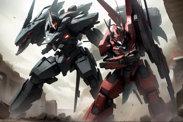 (masterpiece:1.4), (best quality:1.4), (high resolution:1.4),official art, sniper gun, gun,aiming ,firing, extreme detailed,highest detailed,optical mixing, unique visual effect, mechanized shark head robot,mecha, outdoors, ruins, red color mecha, super r...