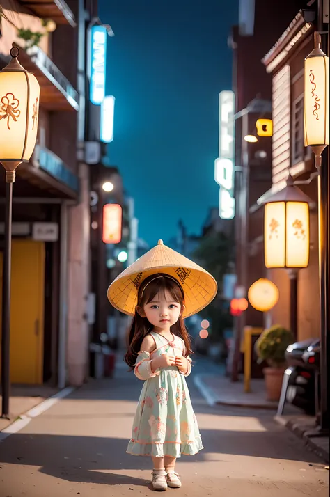 a beautiful baby cute girl in vintage bright colors traditional aodai viet nam, chibi style, city nigth, masterpiece, best quali...