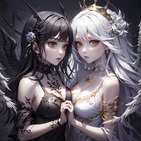 twins，2girls，（an angel，golden crown，white feathers），（a devil，skeleton crown，black bat wings），heaven and hell coexist，（（half bloo...