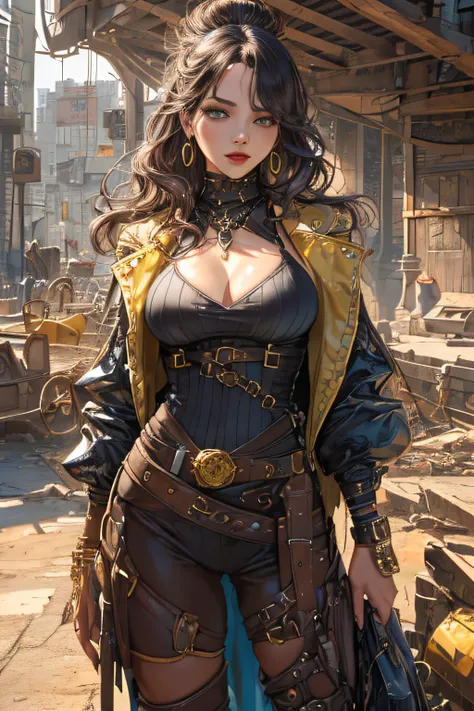 (1girl:1.3), looking at viewer, (steampunk suggestive clothes, Maven, Average Height, Toned, Round Face, Olive Skin, Brunette Hair, Blue Eyes, Wide Nose, Full Lips, Receding Chin, Long Hair, Straight Hair, Wavy Updo, soft sagging breasts, Threader earrings...