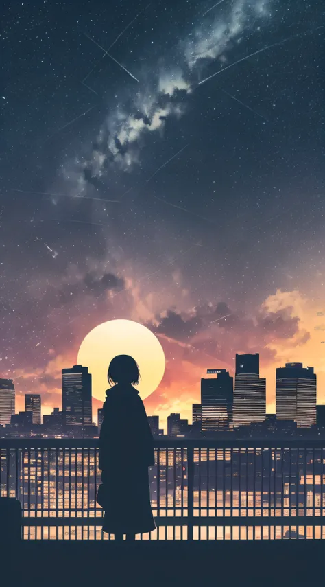 anime,silhouette,1girl, star (sky), cloud, cityscape, building, city, outdoors, skyscraper, city lights, night, night sky, sunse...