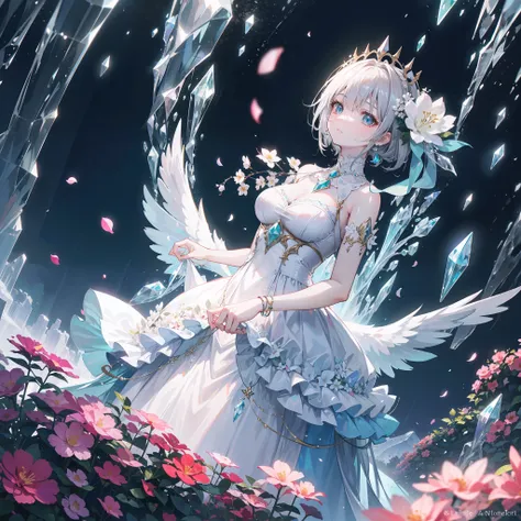 In the enchanting Garden of Crystal Gems, nestled upon a steep mountain slope, vibrant crystal blooms flourish, illuminating the landscape with their ethereal radiance. Each crystal bloom resembles a delicate flower, shimmering in various hues, casting a m...