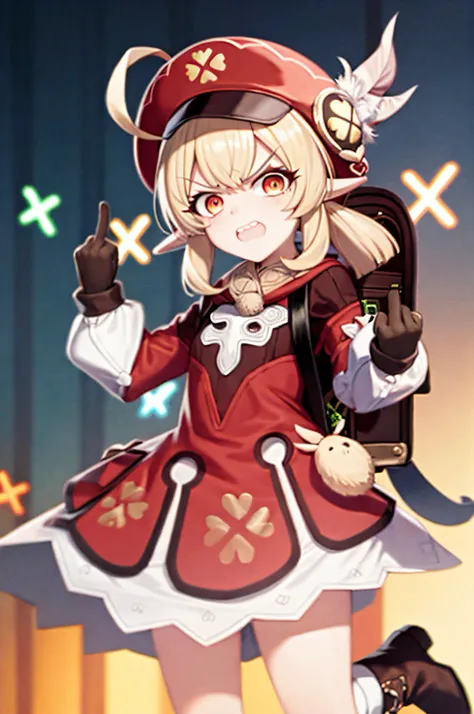 masterpiece, best quality, 1girl, hdr, klee (genshin impact), hat, solo, boots, gloves, red headwear, backpack, bag, looking at viewer, twintails, dress, long hair, hat feather, brown footwear, long sleeves, red dress, knee boots, bangs, ahoge, pointy ears...