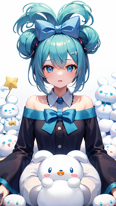 1girl, 独奏, cinnamiku, blue hair, blue eyes, hair rings, hair bow, blue bow, (cinnamoroll, tied ears, sanrio, 1other, creature:1....