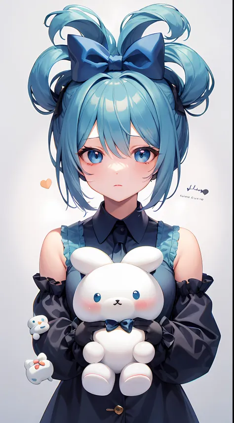 1girl, 独奏, cinnamiku, blue hair, blue eyes, hair rings, hair bow, blue bow, (cinnamoroll, tied ears, sanrio, 1other, creature:1....