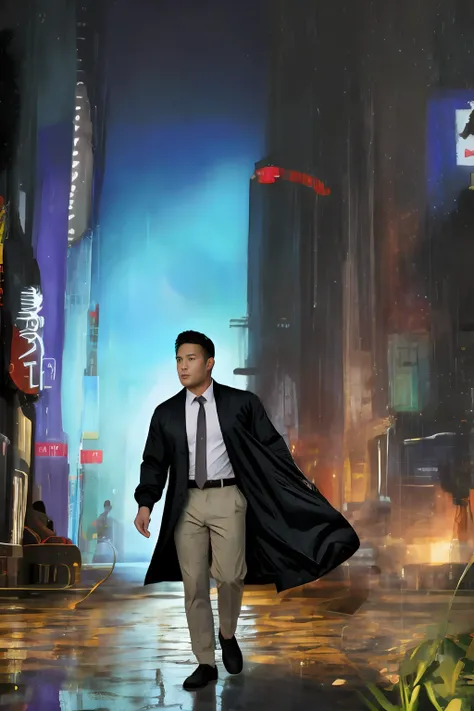 1 oriental male, big bumps, stubble. A 30-year-old muscular man wearing glasses, a reflective windbreaker, long-sleeved white shirt and tie, and leather shoes. Full body, soft lighting. In the neon city. (masterpiece, Best quality), 8K UHD, Digital SLR, fi...