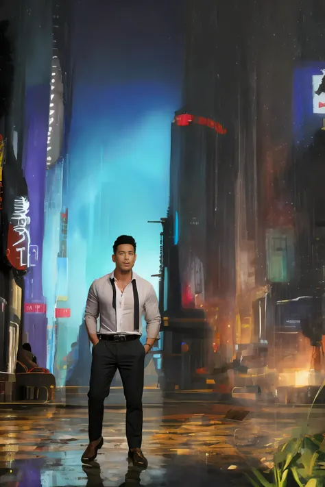 1 oriental male, big bumps, stubble. A 30-year-old muscular man wearing glasses, a reflective windbreaker, long-sleeved white shirt and tie, and leather shoes. Full body, soft lighting. In the neon city. (masterpiece, Best quality), 8K UHD, Digital SLR, fi...