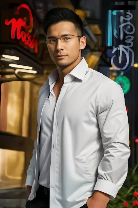 1 oriental male, big bumps, stubble. ((A 30-year-old muscular man wearing glasses)), a reflective windbreaker, long-sleeved white shirt and tie, and leather shoes. Full body, soft lighting. In the neon city. (masterpiece, Best quality), 8K UHD, Digital SLR...