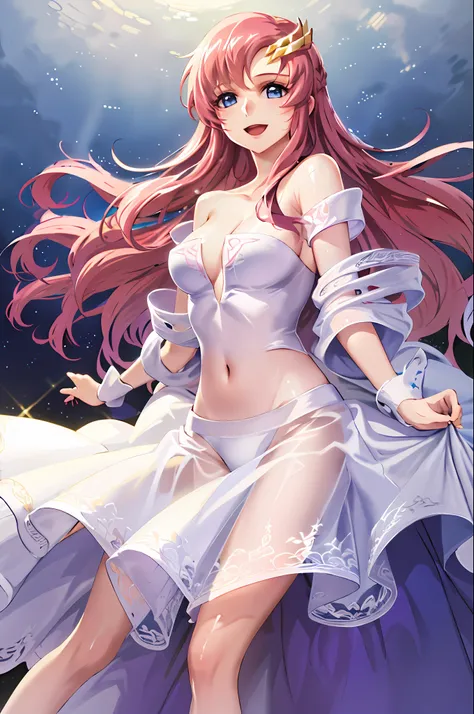 (masterpiece, best quality, highres, anime, lacus4), 1girl, solo, long hair, dress, hair ornament, pink hair, cleavage, blue eye...