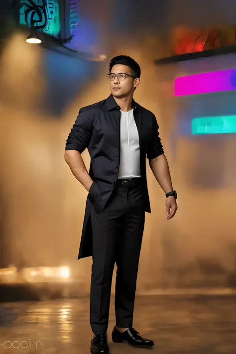1 oriental male, big bumps, stubble. ((A 30-year-old muscular man wearing glasses)), a reflective windbreaker, long-sleeved white shirt and tie, and leather shoes. Full body, soft lighting. In the neon city. (masterpiece, Best quality), 8K UHD, Digital SLR...