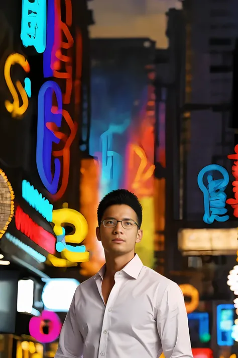 ((1 oriental male, big bumps, stubble)). ((A 30-year-old muscular man wearing glasses)), a short reflective windbreaker, long-sleeved white shirt and tie, and leather shoes. Full body, soft lighting. In the city of neon lights and TV walls.(masterpiece, Be...