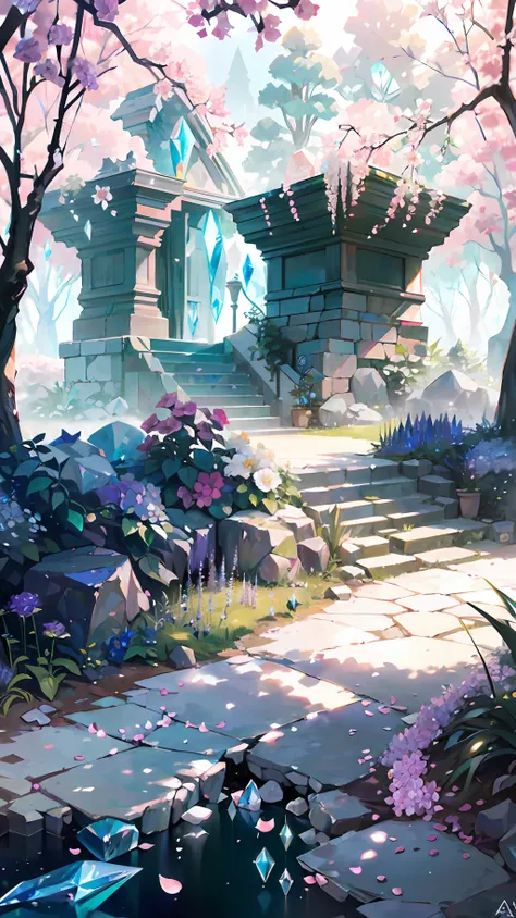 in the ((enchanting garden:1.5)) of crystal gems, nestled upon a steep mountain slope, ((vibrant crystal blooms flourish:1.5)), ...