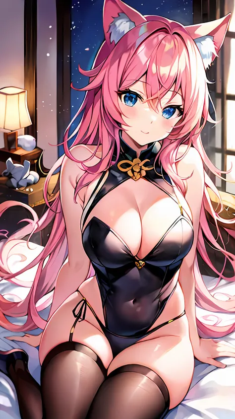 araffe with pink hair and a cat ears is sitting on a bed, Seductive Anime Girl, Anime girl cosplay, beautiful alluring anime teen, beautiful alluring anime woman, a beautiful succubus, anime girl in real life, goddess of Japan, charming anime girls, Belle ...