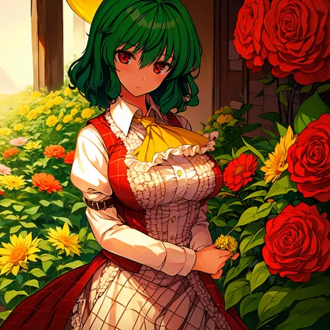 Master masterpieces,Infinite refinement of detail, 4K, solo person, 1girl, Yuuka Kazami of the Touhou Project、red eyes、Green hair,A half body,Take care of flowers in a florist,unexpressive