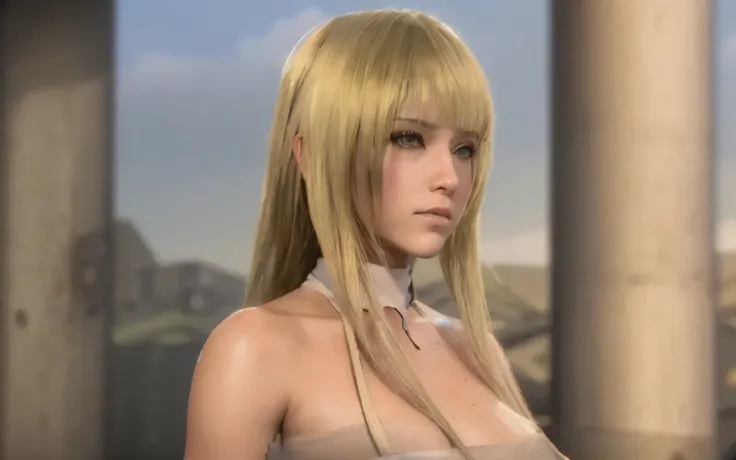 a close up of a woman with long blonde hair and a dress, as a character in tekken, dead or alive 6, tifa lockhart with white hai...