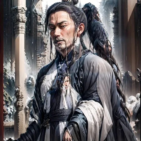 (Premium quality,And extremely fine) white-haire,The land of widows,Smiling in the dark night to the rain,(male people,年轻,Thousand layers of hairstyle,Long hair with a large ponytail,Snow-white pupils,Black eyes,ssmile)