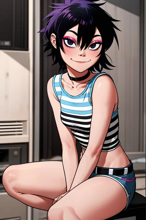 noodle (gorillaz), masterpiece, best quality, hair between eyes, purple hair, choker, belt, blush, looking at viewer, bangs, fis...