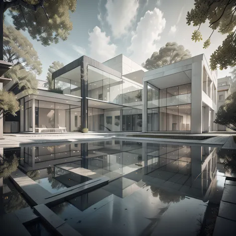 Organic modern architecture on a fairly large plot, from , there is a swimming pool in the middle of a large house of a flower, color of the house in chocolate brown and black beams, large modern residence, flat roofs and garden, render luxcore, render okt...