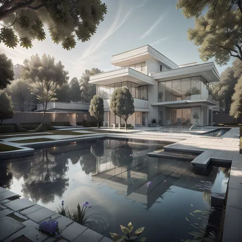 Organic modern architecture on a fairly large plot, from , there is a swimming pool in the middle of a large house of a flower, color of the house in chocolate brown and black beams, large modern residence, flat roofs and garden, render luxcore, render okt...
