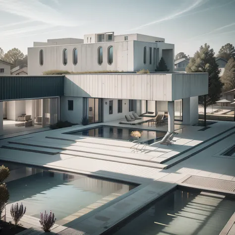 Organic modern architecture on a fairly large plot, from , there is a swimming pool in the middle of a large house of a flower, color of the house in chocolate brown and black beams, large modern residence, flat roofs and garden, render luxcore, render okt...