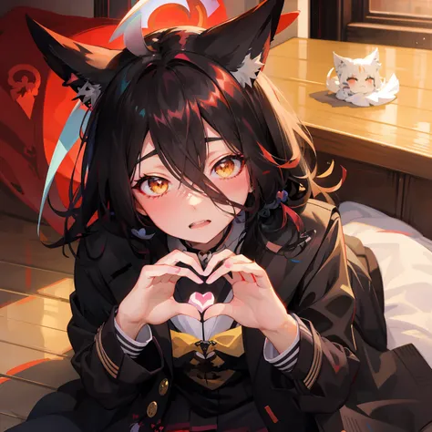 anime girl with black hair and ears making a heart with her hands, anime girl with cat ears, rin, marin kitagawa fanart, anime m...