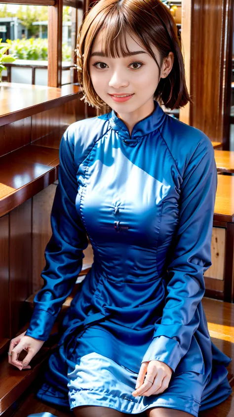 A girl wearing Vietnamese Ao Dai is sitting in a cafe.