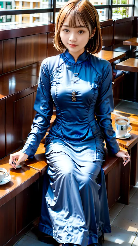 A girl wearing Vietnamese Ao Dai is sitting in a cafe.