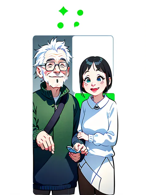 1 sticker, handbook, (sticker, 2 old couples, one old man, one old woman with black hair, man with white hair, a strong expression, Sample the facial expression from the image, old man have no beard, old man smiling, old woman grinning with mouth closed, o...