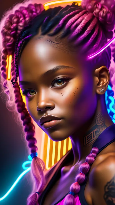 (foto 8k raw ultra realista neon)rosto de menina de 15 anos afro americana,cabelo pigtails,com sardas e manchas na pele, tatuage...