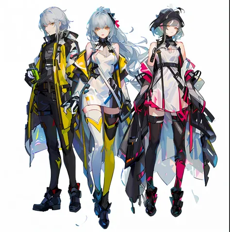 three anime girls dressed in black and yellow and branch costumes stand side by side, rossdraws cartoon vibrant, colorful concep...