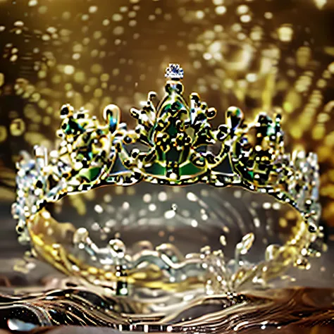 topped with a close-up of a diamond crown falling to the water, head gear, diadems, intricate ornamented tiara, intricate flower...