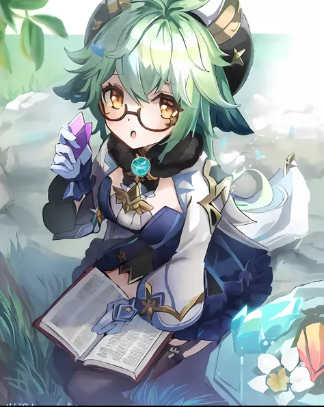 anime girl with green hair and horns holding a book, alchemist girl, splash art anime loli, genshin, shadowverse style, genshin ...