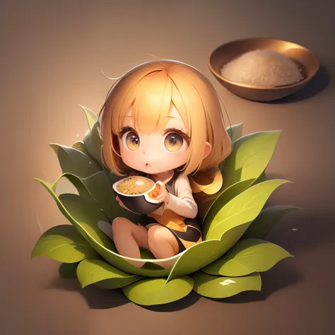 cute cute cartoon girl，there is an element of food on the body，fullllbody，energetic，rice，wheat，soy sauce，grain，solid color backd...