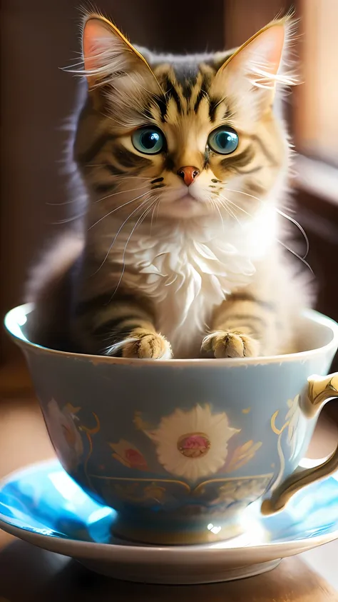 Cat, (Himalayan), (Small)))), in a teacup, Face, Front paws out, 8K, Professional photo, Delicate, Clear, On the table, Inside the house, Sunshine, Light Leak, Masterpiece, ((Pretty))), Fashionable Teacup, (Reality), Plush Toy, Round Pupils